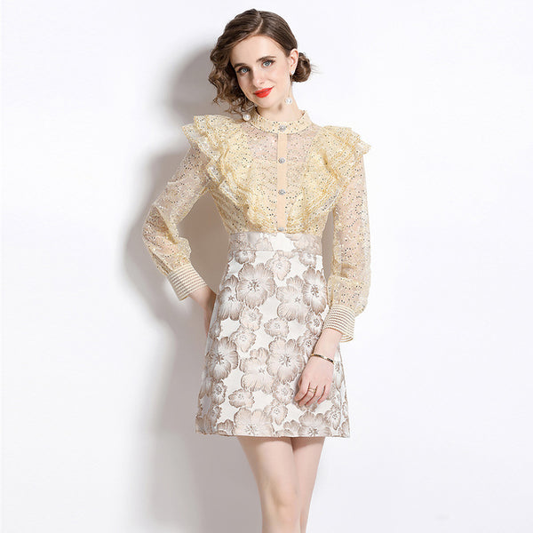 Temperament Lace Patchwork Jacquard Waist slimming A-Line Skirt Dress