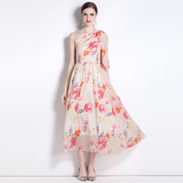 Fashion Resort Ethos Oblique Shoulder Lace-Up Print Full-Length Dress with Waist Tucked