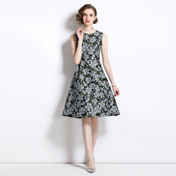 Sundress Socialite Temperament Jacquard Crewneck Sleeveless Mid-Length Dress