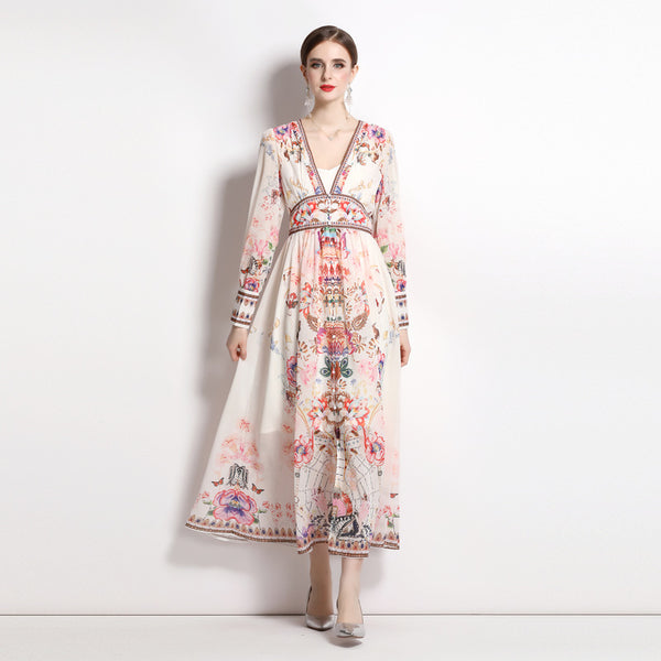 Temperament V-Neck Vintage Print Long-Sleeved Full-Length Dress with Waist Tucked in