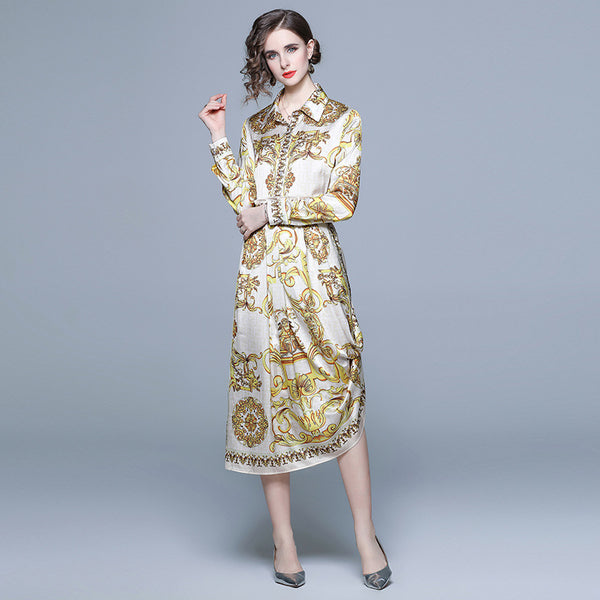 Vintage Printed Shirt Long-Sleeved Top and Pleated Skirt Two-Piece Suit