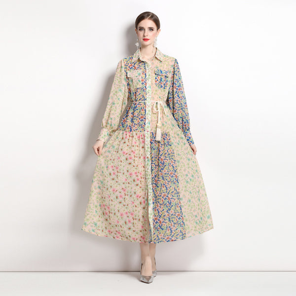 Fashion Resort Style Lapel Lantern Long-Sleeved Collision Color Print Dress