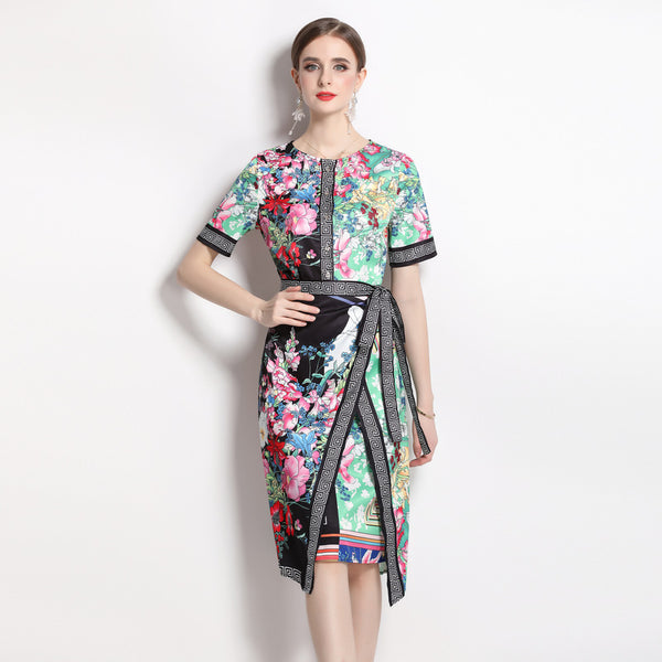 Vintage Print Print MIDI Dress with Waist Drawstring for Slimming