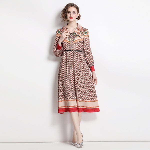 Fashion Vintage Print Dress Lapel Long-Sleeved Temperament Slim MIDI