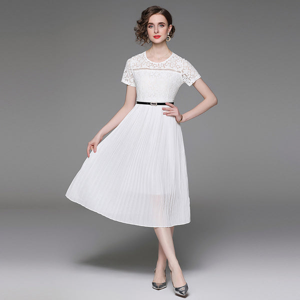 Elegant Crewneck Short Sleeve Lace Patchwork Pleated Dress