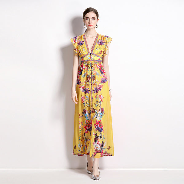 Resort Style Printed Chiffon Small Flying Sleeve V-Neck Dress Slim Long Skirt