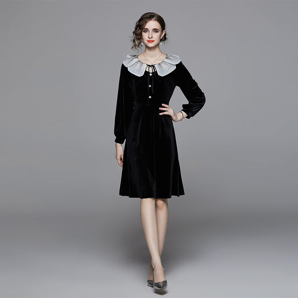 Temperament Lotus Leaf Collar Dress Long Sleeve High Waist Slim Mid-Length A-Line Skirt