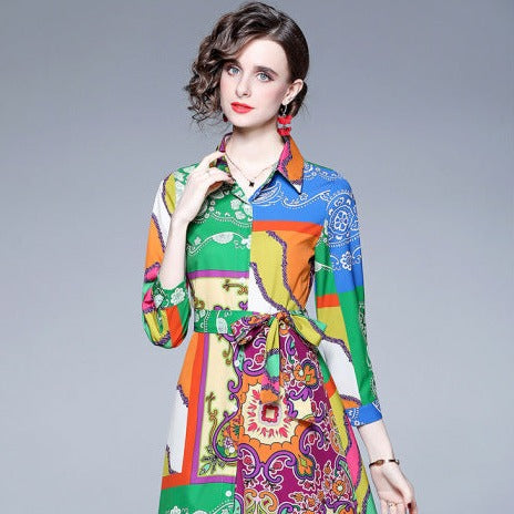 Fashion Temperament Dress Long-Sleeved Vintage Print Belt Tucked Mid-Length Skirt