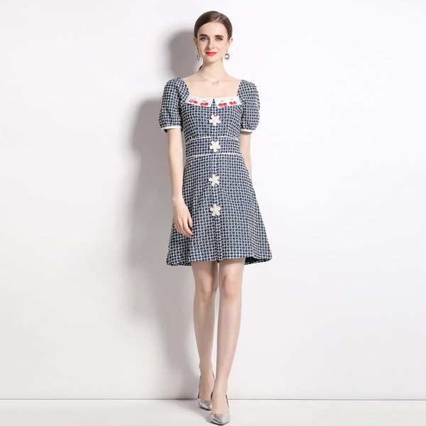 Temperament Fashion Vintage Square Neck Bubble Sleeve Embroidered Denim Skirt Dress