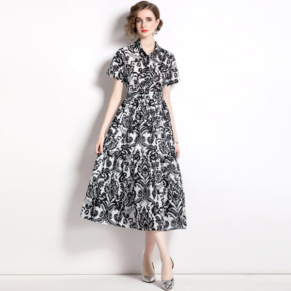 Vintage Print Short Sleeve Large Hem Slim Lapel Maxi Dress