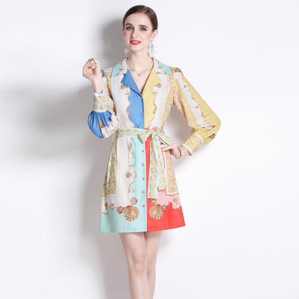 Temperament Skirt Stitching Clashing Color Print Long-Sleeved Slimming Retro Dress