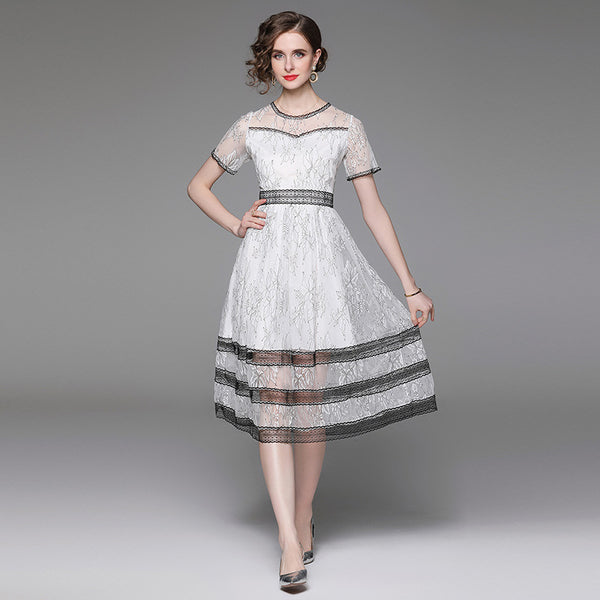 Lace Sexy Temperament Slimming Waist Show Round Neck Short Sleeve MIDI Dress