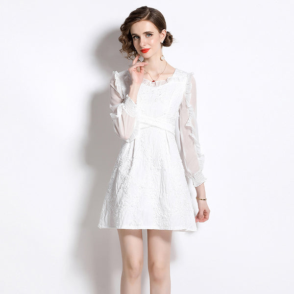 Fashion Show Slim Patchwork Receive Waist Temperament Peplum Long-Sleeved Jacquard Dress