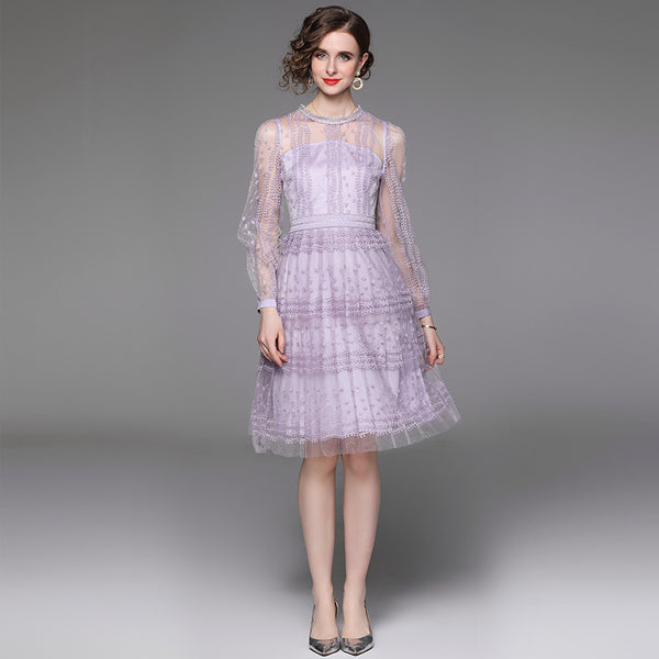 Purple Patchwork Mesh Embroidered Long Sleeve Dress