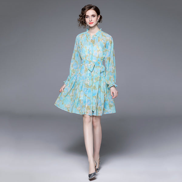 Long-Sleeved Blue Vintage Print Lantern Sleeve Two-Piece Dress with Wooden Ear Trim