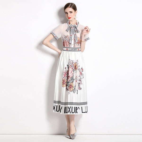 Fashion Vintage Printed Lapel Shirt Large Swing Pleated Skirt Fashion Suit