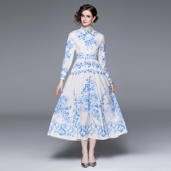 Fashion Retro Blue and White Porcelain Print Slim Lapel Dress Long-Sleeved Long Skirt