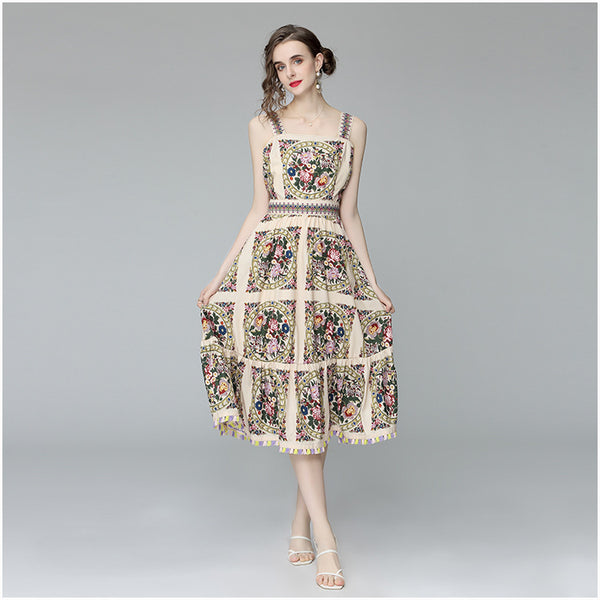 Tassel Suspender Dress Women's Summer New Women's Fashion Printed Slimming Large Swing Skirt