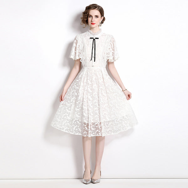 Retro Temperament Slimming Short-Sleeved MIDI Dress White Lace Dress