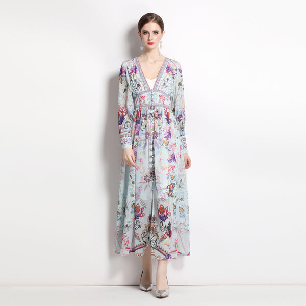 Resort Style V-Neck Vintage Print Long-Sleeved Full-Length Dress with Waist Tucked in