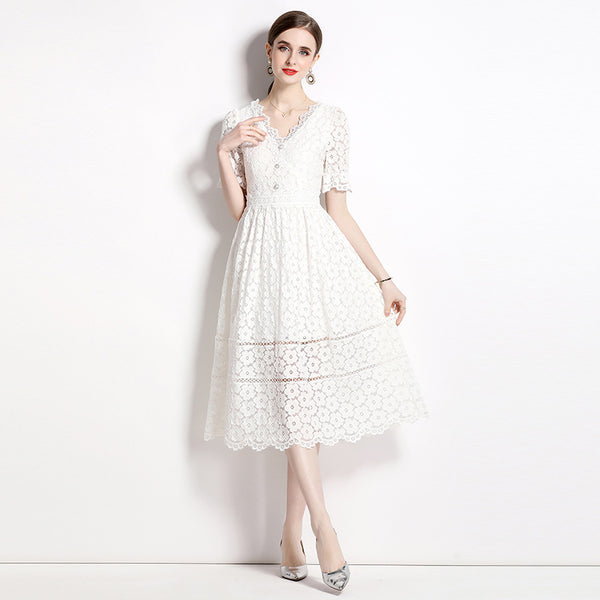 Elegant Slim Short Sleeve V-Neck Mid-Length Lace  Dress