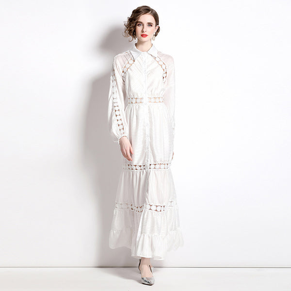 Girl Style Lapel Lantern Sleeve Single-Breasted Water-Soluble Lace Splicing Striped Long Dress