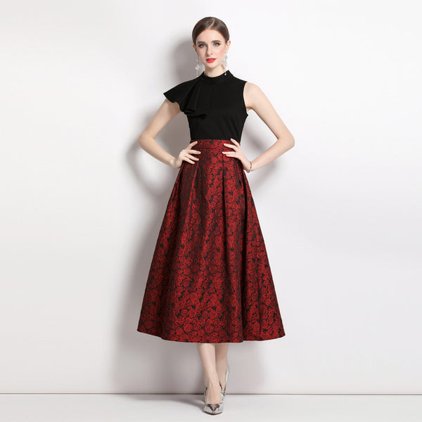 Vintage Stand-Up Collar Peplum Slim Slim Patchwork Jacquard Long Skirt Dress