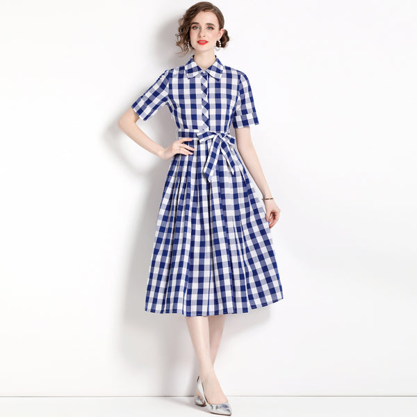 Vintage Lapel Short Sleeve Waist Tucked Long Skirt Plaid Print Dress