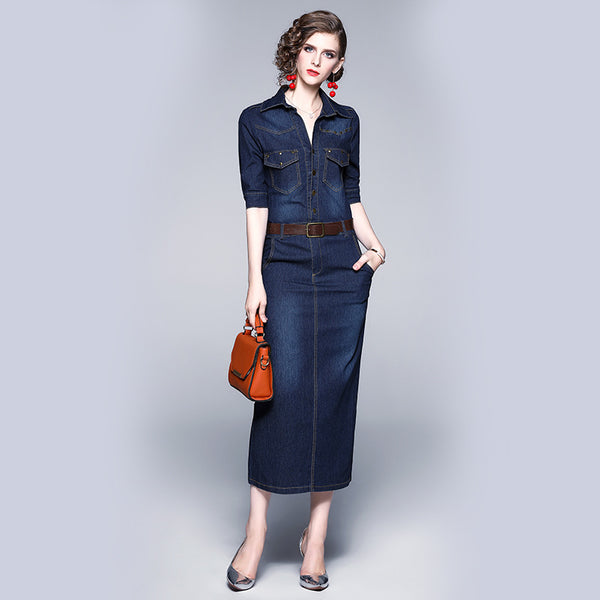 Mid-Sleeve Slim Show Belly Cover Buttock Bag Denim Dress