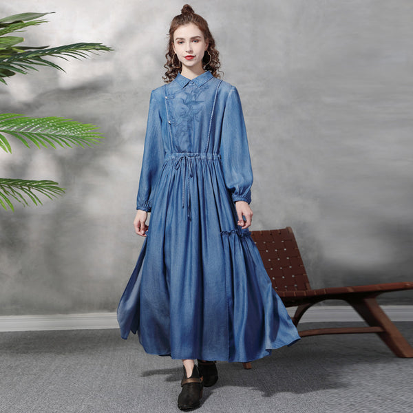 Long Sleeve Big Swing Embroidered Denim Dress