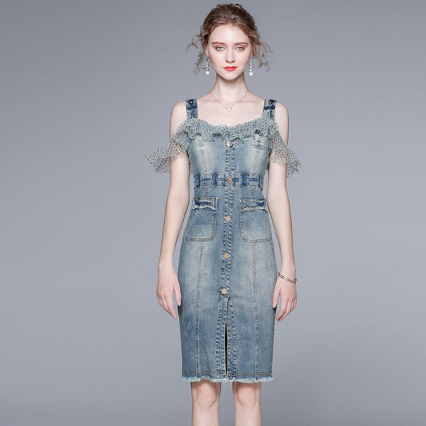 French Patchwork Suspender Denim Dress