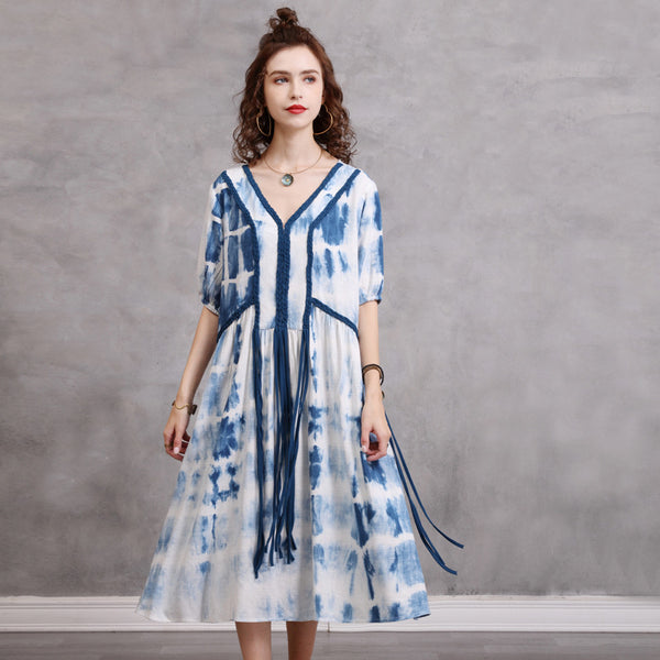 Loose Large Size Women's 2023 Summer New Braided Rope Tie-Dye MIDI Dress Elegant Cotton Hemp Dress