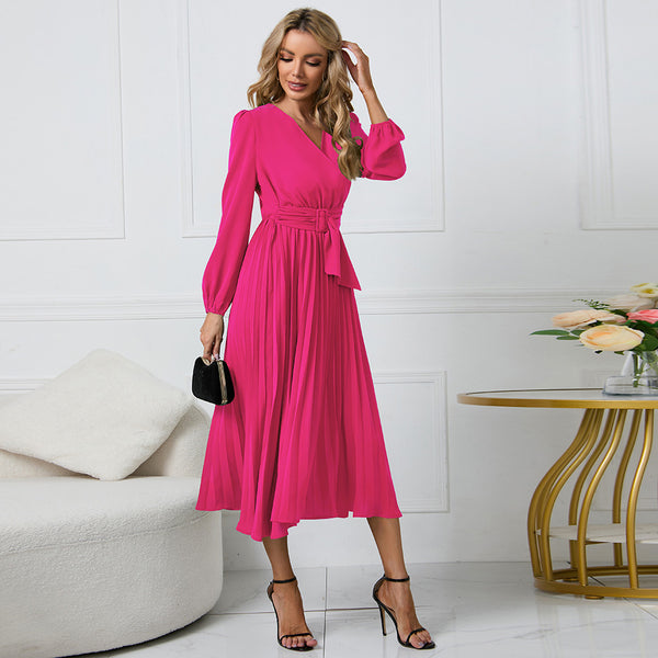 New Long-Sleeved Slim Pleated Belt V-Neck Dress