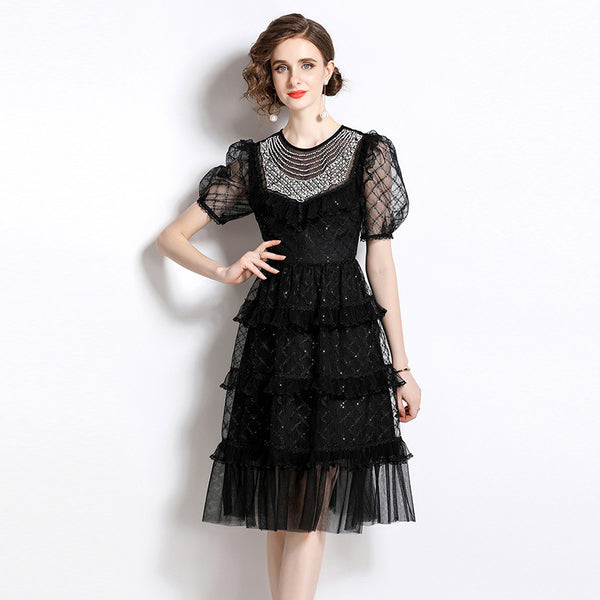 Temperament Fashion Gauze Beaded Piece Embroidered Bubble Sleeve Lace Cake Skirt Dress