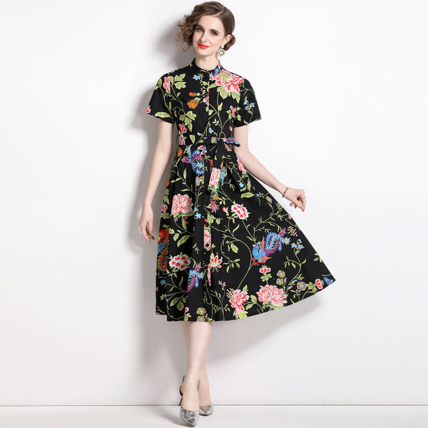 Vintage Printed Short-Sleeved Slim-Fit Mid-Length Large-Swing Dress