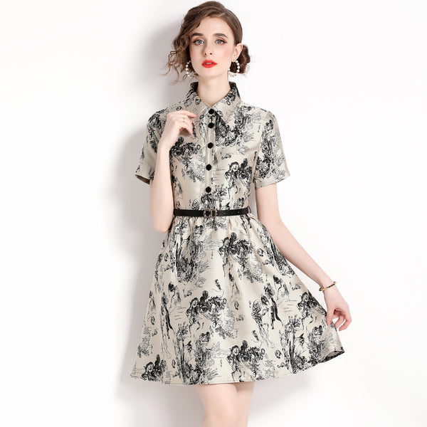 Temperament Vintage Jacquard Lapel Short Sleeve Slim Look Slim Mid-Skirt Dress