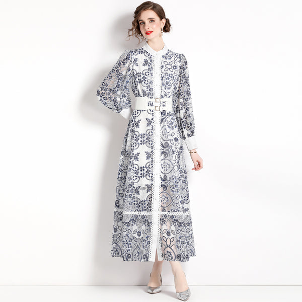 Long-Sleeved Single-Breasted Vintage Print Lace-Up Dress with Waist Tucked in