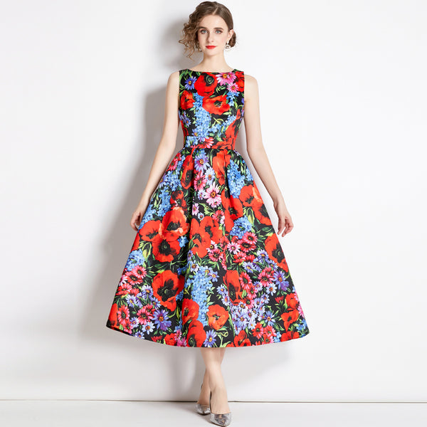 Vintage Print Sleeveless Dress