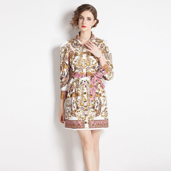 Vintage Lapel Lace-Up Design Printed Dress