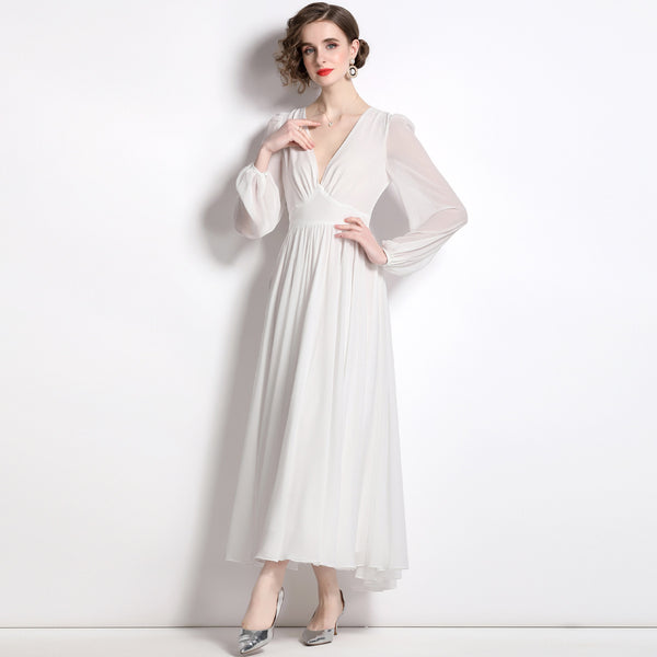 Temperament Retro Style Slimming White Dress Long-Sleeved V-Neck Skirt