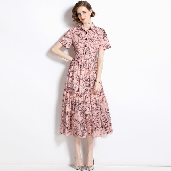 Temperament Vintage Print Short Sleeve Large Swing Slim Lapel Long Skirt Dress