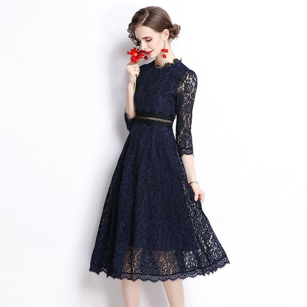 New Women's Temperament Lace Embroidery Slimming Mid-Length A-Line Skirt Dress