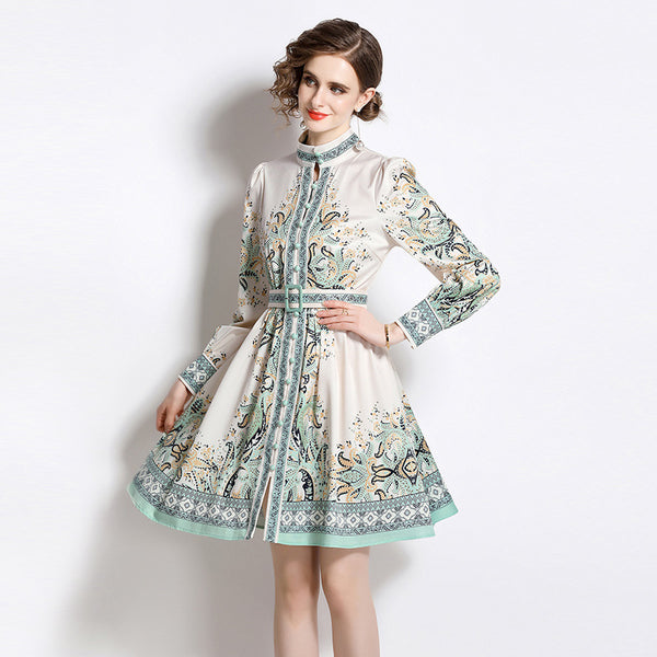 Fashion Vintage Fresh Stand-Up Collar Long-Sleeved Printed Dress