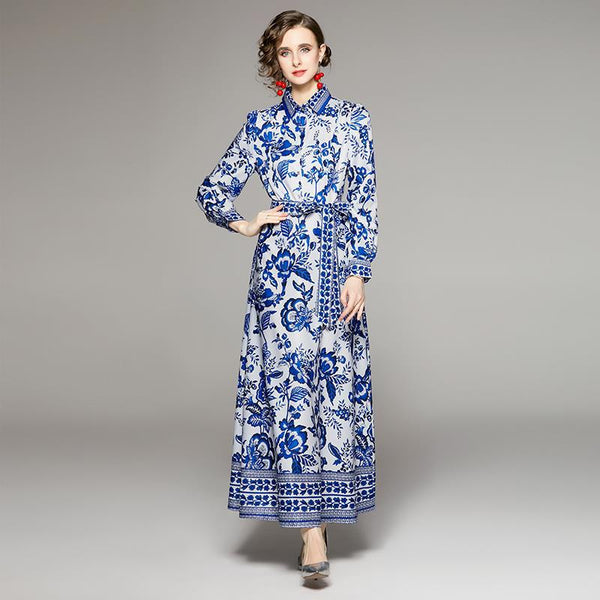 Printed Lapel Long-Sleeved Dress