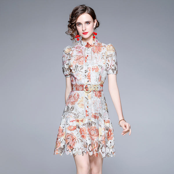 Vintage Resort Style Print Embroidered Lace Dress