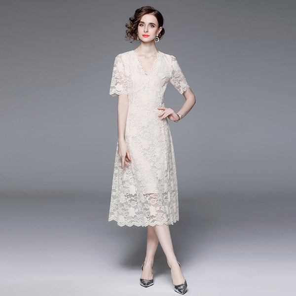 Temperament Retro V-Neck Big Swing Long Hook Flower Hollowed Out Lace Dress