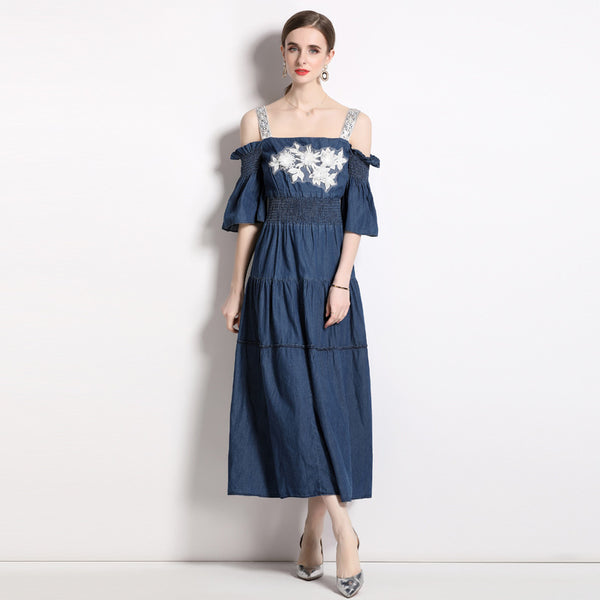 Off Shoulder Bust Embroidery Halter Denim Dress