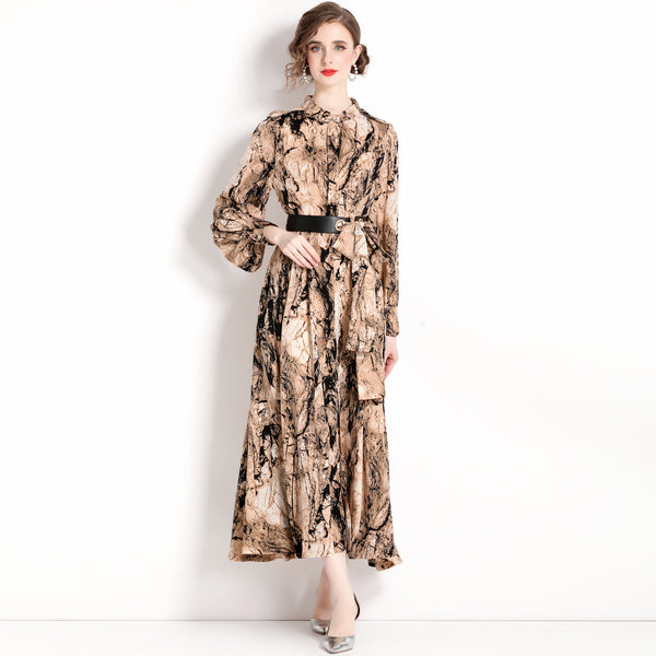 Temperament Fashion Vintage Print Long-Sleeved Dress Slim and Slimming Long Skirt