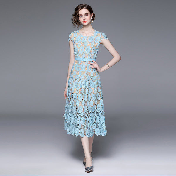 Hollow Oout Water-Soluble Flower Embroidery Round Neck Short Sleeve Solid Color Elegant Long Skirt Dress