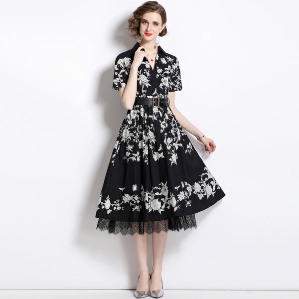 Temperament Lace Print High-Waisted Short-Sleeved Mid-Length Dress with Belt